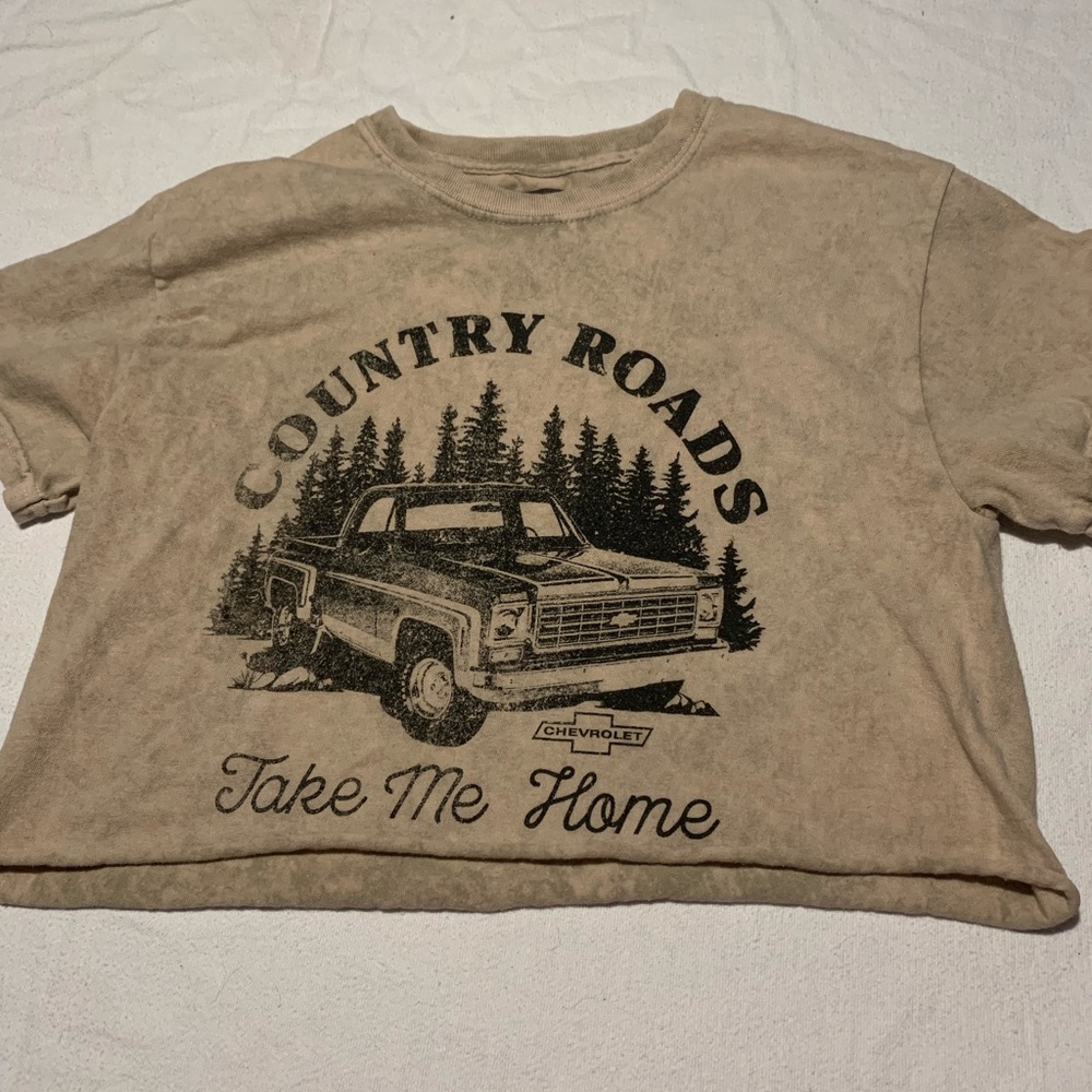 Women's GM Chevrolet Country Roads Take Me Home T
Shirt Crop Graphic Tan